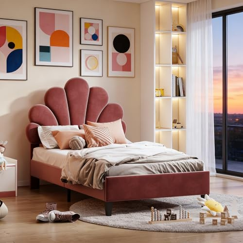BRILVERDE Lit Enfant 90x200 cm, Lit Simple Rembourré avec Tête de Lit en Forme de Fleur,Hauteur Réglable, Cadre de Lit avec Sommier à Lattes pour Adolescent et Adulte(Couleur Bordeaux, 90x200)