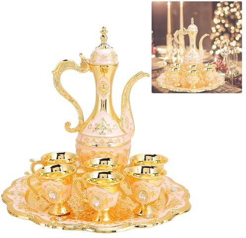 Vintage Turkish Coffee Pot Set Model,8.46x5.11in Tea Flask Medium Tea Sets for Women With Teapot Tray and 6 Cups Craft Decorations Flagon Set Turkish Cup Set Turkish Teapot,Small