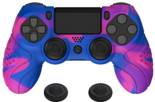 PlayVital Hülle für ps4 Controller,Anti-Rutsche Schutzhülle Case Zubehör Hülle ergonomische Silikonhülle,2 Stück Joystick Caps für ps4 Slim Pro Controller(Guardian Edition,Rosa & Blau & Lila)