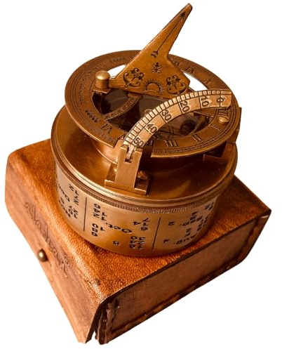 ALADEAN Reloj de sol vintage de latón con brújula náutica antigua en caja de regalo de cuero de recuerdo, reloj de sol para hombres y mujeres