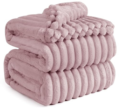 BEDSURE Kuscheldecke für Zimmer Deko - Wolldecke & Fleecedecke, Sofadecke, Weiche Warme Grobe Korddecke für Couch, Geschenke für Frauen, Tagesdecke, Große Decke, Rosa, 230 x 270 cm
