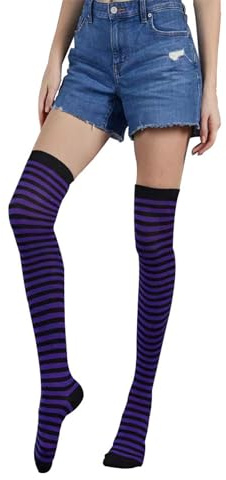 FGFD&OU Chaussettes Hautes Montantes Femme Chaussettes Hautes Rayées Chaudes Chauffantes Thermique Chaussettes Chaussettes de Genoux Longues Chaussettes de Noël Pour Filles (Noir et violet)