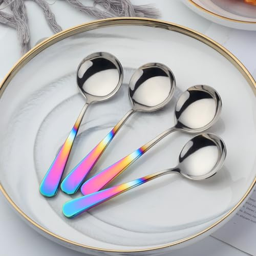 Buyer Star Stainless Steel Soup Spoon, 6 Pieces Round Dessert Spoon Cutlery, 6.3-Inch Stainless Steel Spoon for Cereal, Porridge, Fruit, Yogurt, Dishwasher Safe - Rainbow Gradient