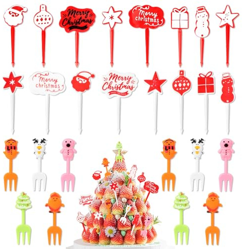 SRIZIAN 26Pcs Christmas Food Picks for Kids, Plastic Fruit Fork with Christmas Tree Santa Snowman Decor Lunch Bento Box Fruit Toothpicks for Cake Dessert Snacks Party Decor, Random Color