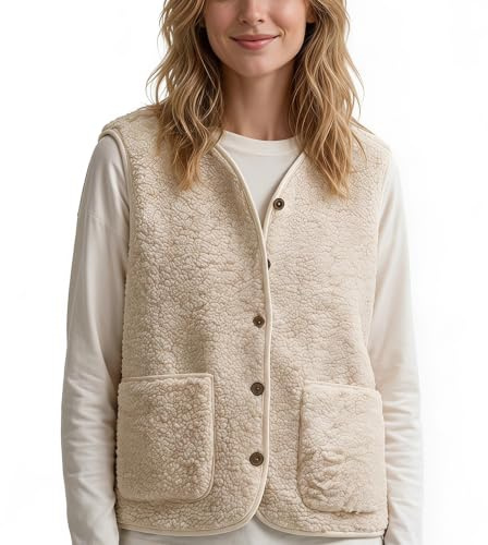 Vinuwu Chaleco de forro polar sin mangas para mujer, monocolor, cuello en V, botones, chaleco de peluche, chaleco corto de felpa para mujer