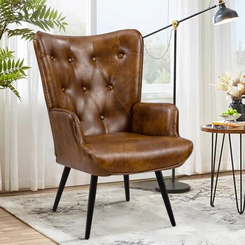 Ckaff Fauteuil Salon Relax, Fauteuil Scandinave Moelleux en Similicuir Chaise Bouclette avec Accoudoirs & Dossier Ergonomique pour Salle à Manger, Salon, Chambre, Siege Bureau, Allaitement, Brun