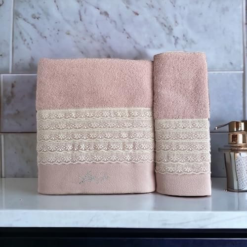 LIU . JO MILANO Coppia di Asciugamani Viso e Ospite in scatola in Spugna di puro cotone con pizzo Art. Paradiso (Rosy)