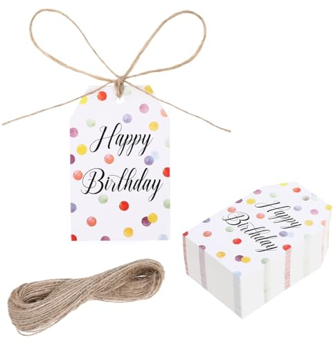 Lot de 100 étiquettes cadeaux d'anniversaire avec ficelle, étiquettes en papier pour cadeaux à pois colorés, étiquettes cadeaux personnalisées pour fête d'anniversaire, fête prénatale