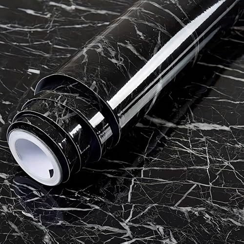 Retoo Möbel-Klebefolie 60 cm x 5m Möbelfolie Selbstklebend Marmor Küchenfolie Folierung Deko-Folie Tisch Tischfolie Fensterbank Küchenfronten Küchen-Schrank Schrankfolie Stein-Optik PVC Schwarz