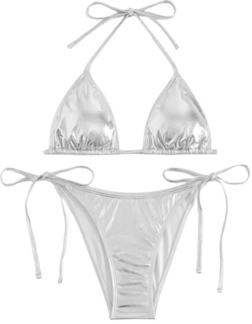Metallisk bikini för kvinnor, tvådelad, sexig trekantig, hög skärning, stringkalsonger, baddräkt med string, halterneck, toppar, badmode, Silverslips, XL
