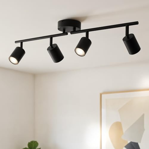 Gr4tec 4 Way Spotlights Ceiling Light, Adjustable Kitchen Lights Ceiling, Black Ceiling Light Fitting, Metal GU10 Spotlight bar for Hallway Bedroom, Bulb Not Included