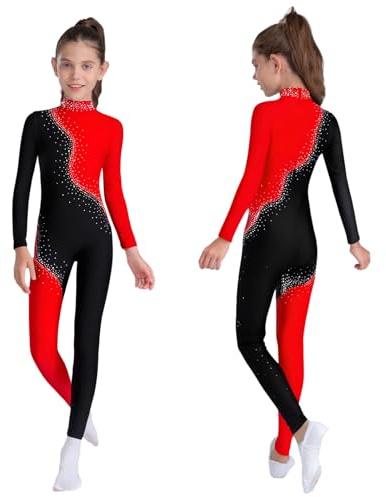Jhaoyu Little Girls' Full Body Gymnastics Leotards Dance Jumpsuit Long Sleeve Unitard One Piece Catsuit Red 9-10 Years