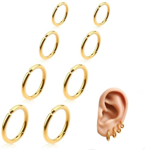 8 Pieces Gold Clip on Earrings Non-Piercing Fake Hoops for Men Women, Cool Stainless Steel Clip on Earring Unisex Hoop Ear Clips Gifts Set, 4 Pairs in Four Different Sizes (Gold)