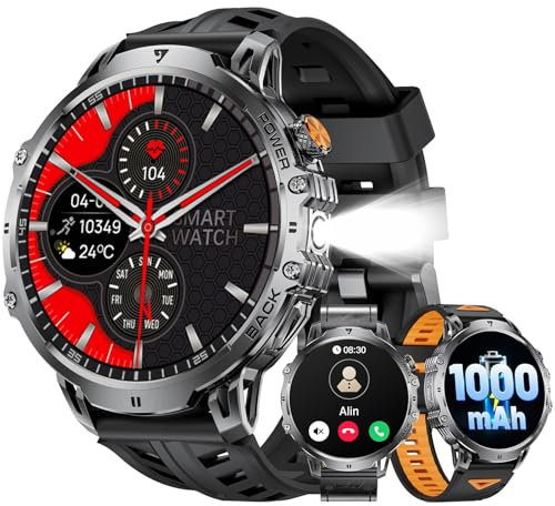 LIGE Montre Connectée Homme avec 1300mAh/1,85'' HD Grand Écran/LED Lampe,Smartwatch Homme avec Moniteur de Fréquence Cardiaque et Sommeil/110+ Modes Sportifs,IP68 Étanche Android iOS,Noir Profond