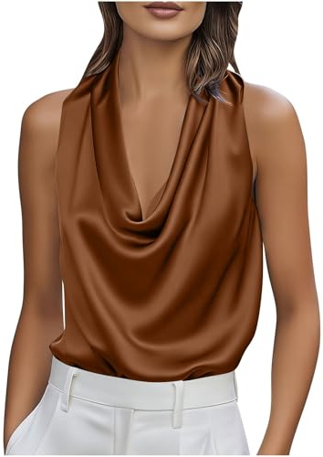 Top Femme - Chemisier Femme satiné sans Manches, Haut élégant Effet Soie avec col bénitier drapé plissé Blouse Fluide Chic pour Bureau, soirée, Quotidien et Automne