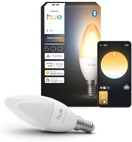 Philips Hue Smart LED-lampa Kronljus, B39, E14, 1-pack, White Ambiance, Fullspektrumsljus 1 000–20 000 K, 500 lm, Ultralåg Dimring, Alexa, Google Home, Apple Home