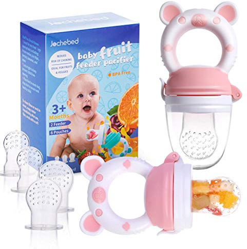 Baby Fruit Food Feeder Pacifier - Fresh Food Feeder, Infant Fruit Teething Teether Toy for 3-24 Months, 6 Pcs Silicone Pouches for Toddlers & Kids & Babies, 2-Pack (Light Pink)