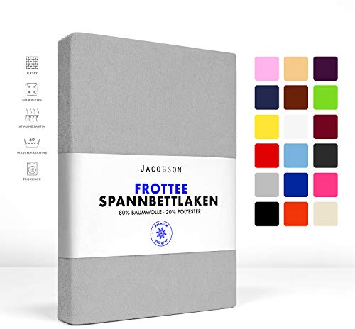 Jacobson Premium FROTTEE Spannbettlaken Spannbetttuch Bettlaken Baumwolle ca. 200g/m² (180x200cm - 200x200cm, Grau)