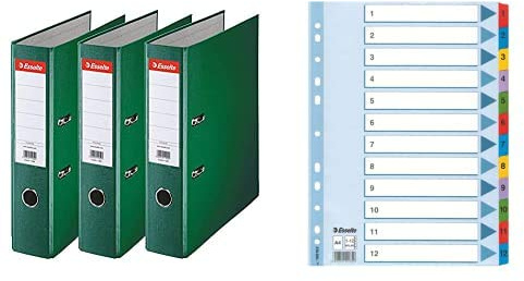 Esselte A4 Lever Arch Files, Green, 3 File Folders with Pack Dividers