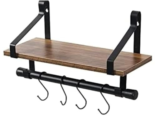 spot on dealz® Rectangle floating shelf decorative hanging shelves with MDF wood rustic effect and metal wire frame industrial wall mounted shelving unit with 4 hooks Living Room furniture