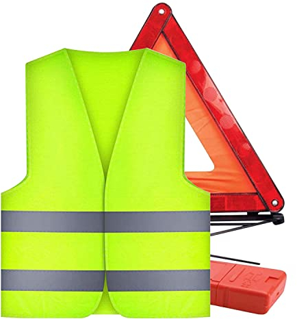 DRERIO Notfall-Warndreieck und Warnwesten-Kit 2-in-1-Auto-Notfall-Kit Reflektierende Sicherheitswesten Faltbares Auto-Reflexstreifen-Europäisches Fahrkit 2022 für Auto-LKW-Fahrreisen