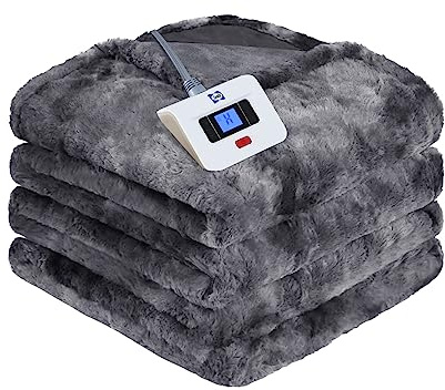Sealy Electric Blanket Twin Size, Faux Fur & Flannel Fast Heated Blanket with 10 Heating Levels & 1-12 Hours Auto Off, Machine Washable, Grey, 62x 84 Inch