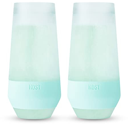 HOST Champagne Freeze Double-Walled Stemless Wine Glasses Freezer Cooling Cups with Active Cooling Gel and Insulated Silicone Grip - 9 Oz Plastic Tumblers, Seafoam Tint, Set of 2