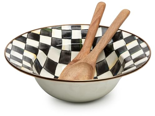 MACKENZIE-CHILDS Enamel Salad Serving Set, Black-and-White Courtly Check