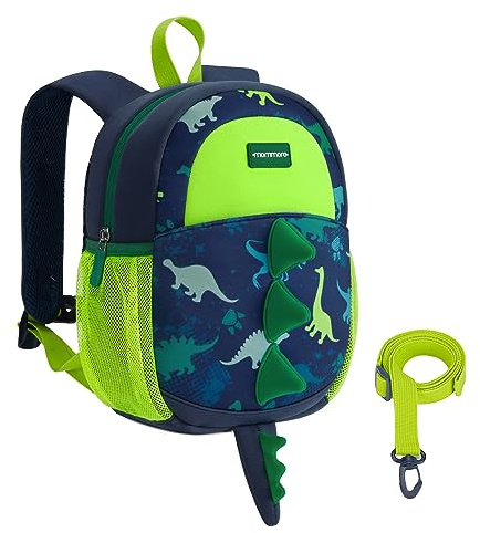 mommore Toddler Backpack for Boys 2-4 Small Cute Dinosaur Backpack with Kids Leash, 3D Cartoon Preschool Kindergarten Bookbag for Pre-k, Green