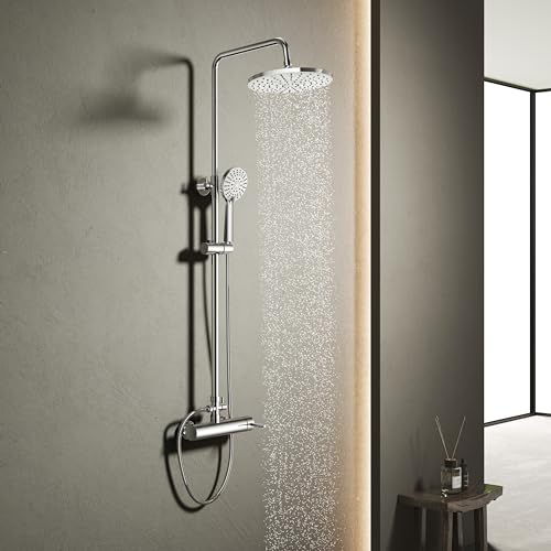 YOOZENA Regendusche mit armatur, Duscharmatur Komplettset, Duschsystem mit Regendusche, Duschkopf mit 3 Strahlarten, Duschstange, Rund