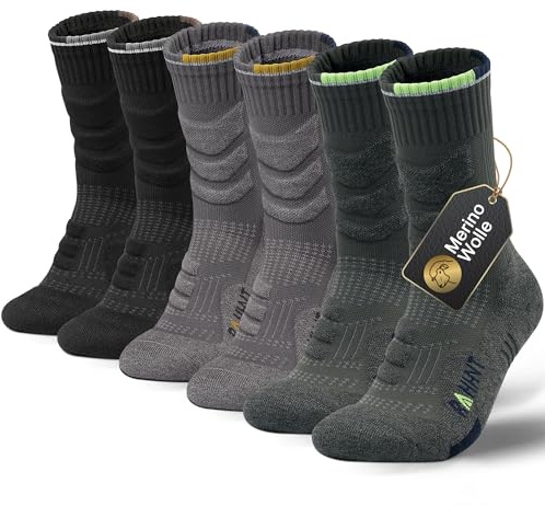 Rahhint Calcetines de senderismo Merino Calcetines de compresión Calcetines de trekking acolchados antiampollas 3 pares para hombres, mujeres y niños Talla 31-52