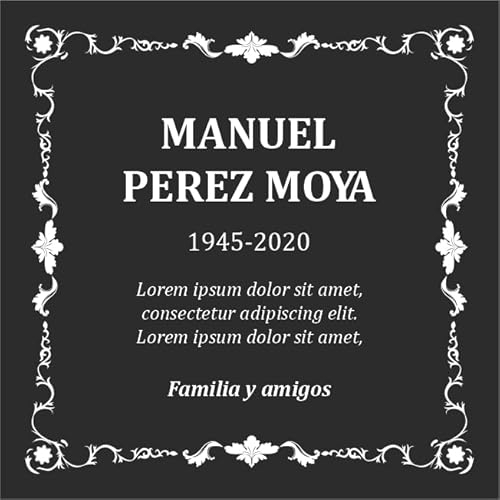 Placa funeraria de aluminio negro para exterior e interior grabada con láser para lápida, nicho o pared. Cinta doble cara ultra fuerte. Diseño cenefa