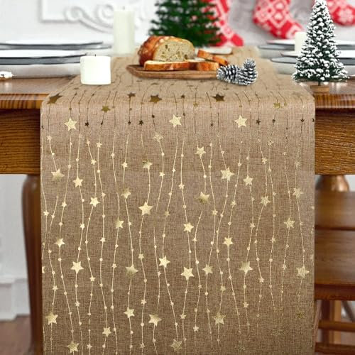 GEBETTER Camino de Mesa Navidad 28x275cm Poliéster Color Arpillera Yute Lino Marrón Rústico Estrellas Doradas Decoración Mesa Adorno Navideño Chimenea Manualidades Regalo Fiesta (Estrellas Oro)