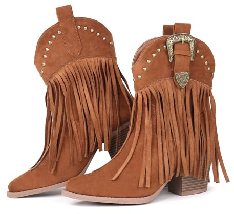 Hawkwell Bottes de cowboy à franges pour femme - Bottes de cowboy à enfiler - Bottines western, marron, 37 EU