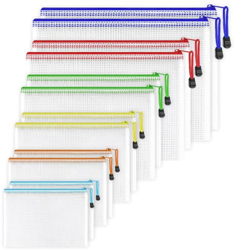 GESDYO 12 stycken dokumentfickor med dragkedja vattentätt dokumentfodral PVC zip file bags mesh plast zip påsar för dokument, skola, kontor, pass, kosmetika (färgglada, 6 storlekar)