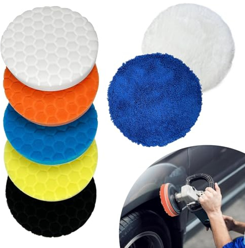 KOSLEOW Kit Lucidatura Auto 7 Pezzi 150mm, Tamponi Lucidatura con Motivo a Nido d'Ape e 2 Pad in Microfibra per Lucidatrice Orbitale, Per Carrozzeria e Fari dell'Auto