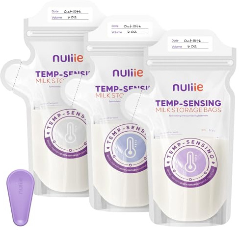 Nuliie 140 bolsas de almacenamiento de leche materna con detección de temperatura, gran icono de detección de temperatura y abrazadera de bloqueo, bolsas de almacenamiento de leche materna de 6 onzas