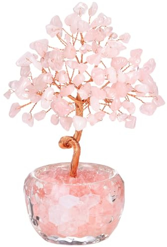 Árbol de la Vida de Cristal Rosa AURIVEE - Árbol del Dinero Feng Shui con Piedras Naturales, Decoración Zen y Regalo Espiritual para Casa y Oficina
