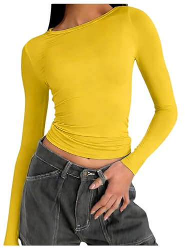 Generico Maglia Gialla Donna, Basic Slim Fit Maglietta Maniche Lunghe, Elegante Tinta Unita Maglia Termica, Casual Y2K Leggero Elasticizzata Top, per Autunno Invernale