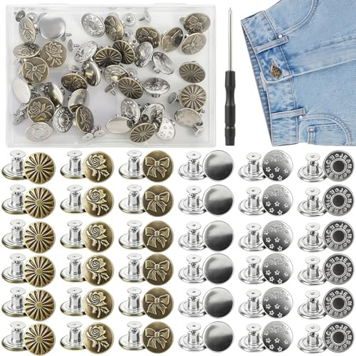 36STK Ersättningsknappar för Byxor 17 mm Justerbara Jeansknappar med Skruvmejsel