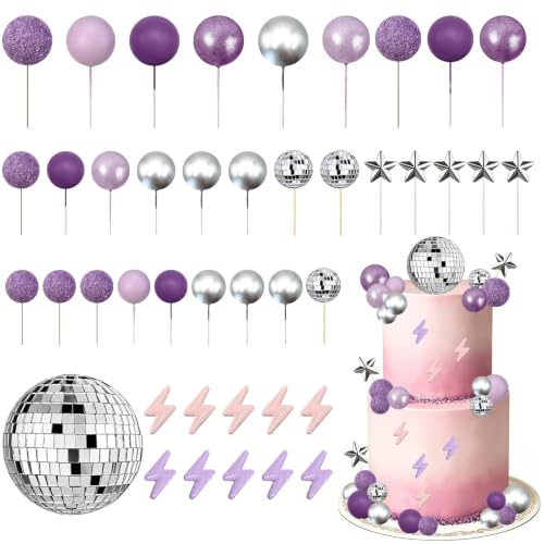 Disco tårta dekorationer, lila och silver tårta dekorationsbollar i 42 delar födelsedagsdekorationer musikaliskt tema, för temafester, födelsedag, bröllop