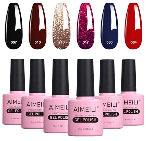 AIMEILI Gel Nail Polishes Red Black Glitter Gel Polish Set Soak Off UV LED Nail Salon Set Gel Varnish Manicure Set - Long Lasting & Easy to Apply 6pcs X 10ml - Kit 21