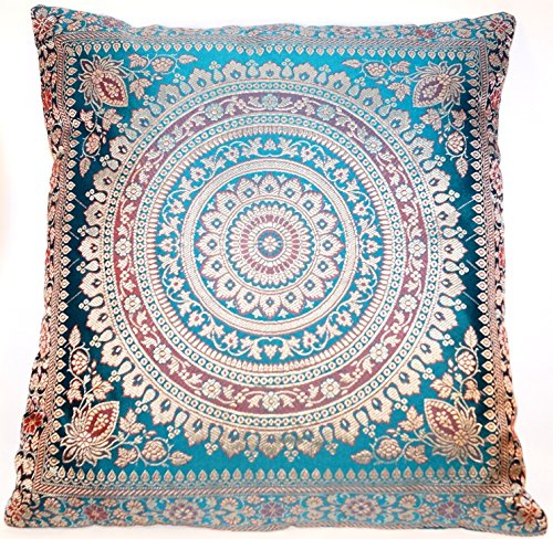 Ruwado Turkis Grün Seide Kissenbezug | Zierkissenbezug | Sofakissenbezug | Dekokissen | Zierkissen - 40 cm x 40 cm ***Handgewebt und Handgefertigt von Kunsthandwerkern aus Kaschmir-Indien***