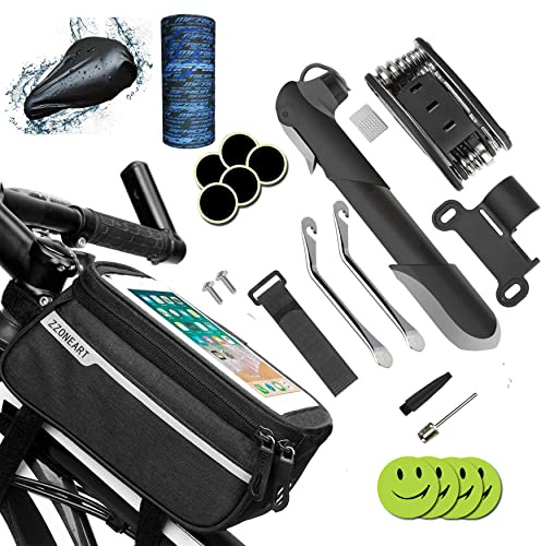 Fahrradtasche Rahmentasche Oberrohrtasche Fahrrad Handytasche Vorne Sensitive Touch-Screen,Mini Fahrradpumpe Luftpumpe,16 in 1 Werkzeuge für Reparatur Set Fahrradwerkzeug Tool