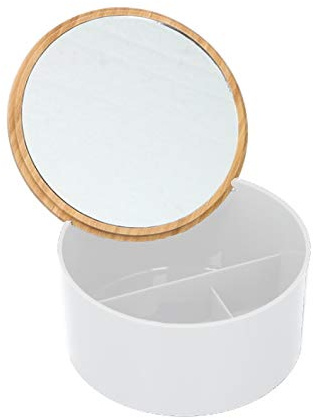 Makeuporganiserare kosmetiska bomullspads swabhållare låda klar akryl med bambu lock skönhet smink bomull ull knopp boll badrumsförvaring burk dispenser, genomskinlig (3 sektion med spegellock)