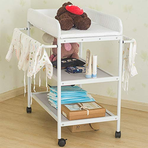 Table à langer, table à langer avec panier de rangement, ceinture de sécurité et 4 roues + 2 étagères(E-84 * 72 * 90cm,Blanc)