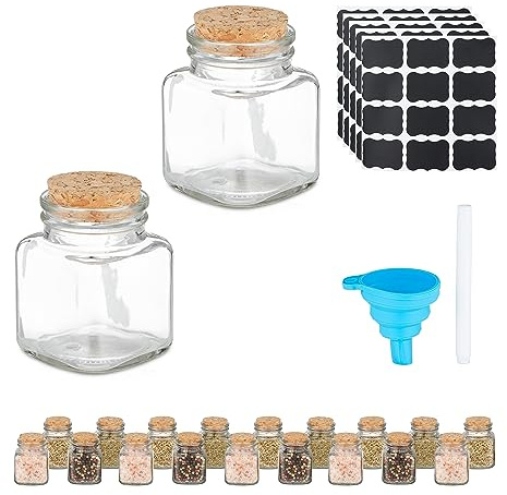 Relaxdays Gewürzgläser, 20er Set, Gewürzdosen Glas, 100 ml, inkl. Etiketten & Trichter, Korkdeckel, transparent/Natur