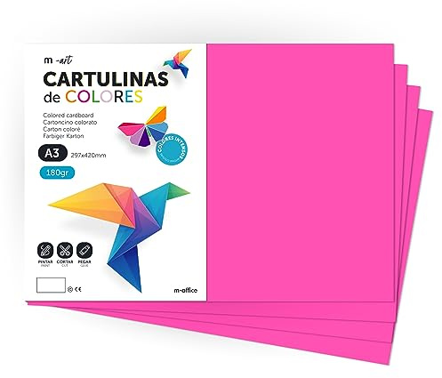 Cartone colorato, formato A3, fogli colorati 180 g, blocco cartoncino colori intensi, ideale per artigianato, stampa documenti e disegni creativi · m-office (100 fogli, Fucsia)