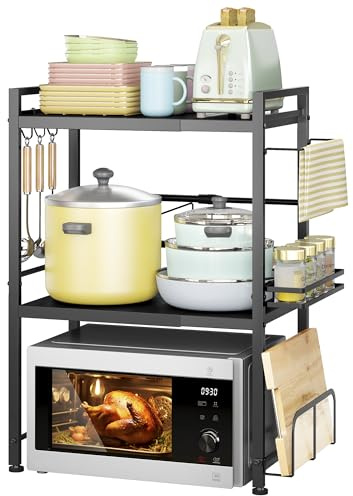 DOLALIKE Microwave Oven Rack, Expandable Microwave Stand Countertop Kitchen Utensils Tableware Storage, Carbon Steel Over Microwave Shelf Countertop with 6 Hooks