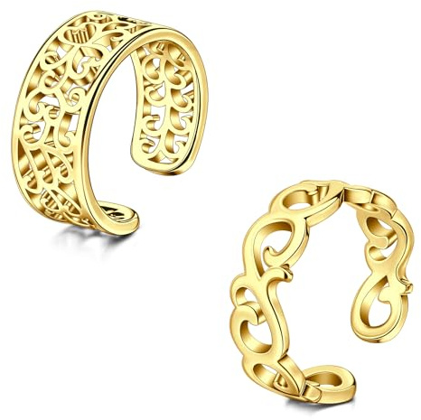WillTen 2-4 st guld silver tåring rostfritt stål justerbar böj öppen tå ring, blomma pil blad vanlig tunn CZ tonåring finger svansring sommar strand fot smyckesset för kvinnor män